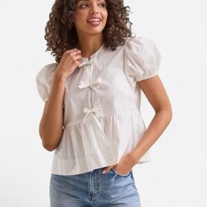 Altar'd State Elle Bow Tied Peplum Puff Sleeve Blouse White Size L